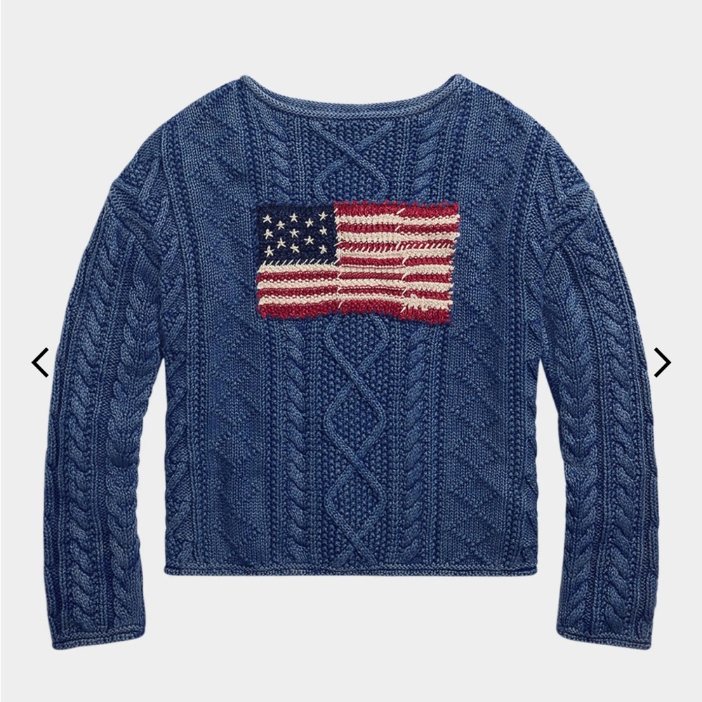 NWT Polo Ralph Lauren Navy Cable Knit Aran Sweater with Flag - Picture 3 of 5
